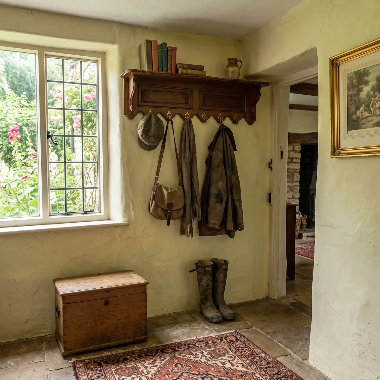 Very nice old hand carved coatrack with shelf