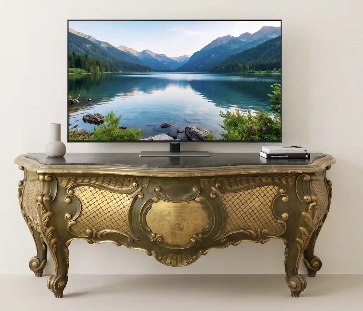 Carved wood gilded gold and painted low console table