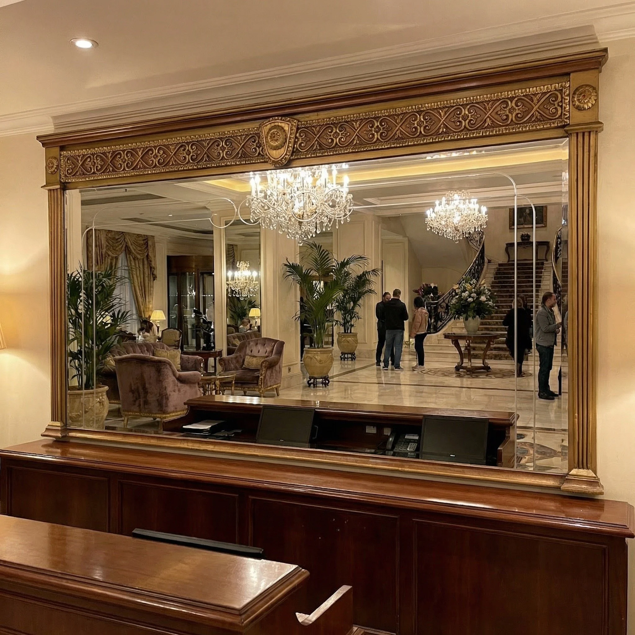 Large old gilt horisontal mirror with etching in the mirror