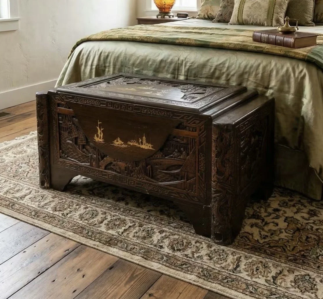Finely carved camphor wood chest