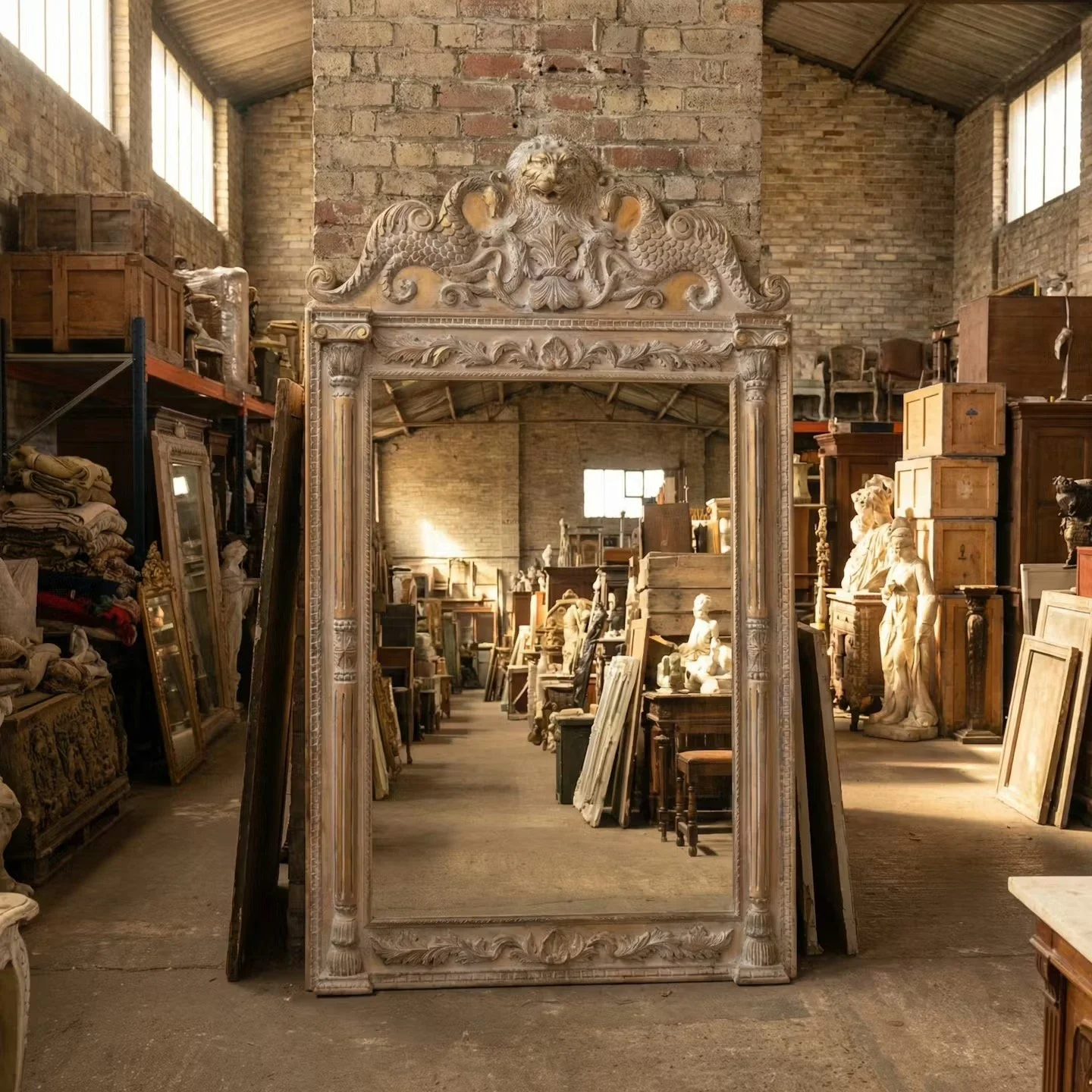 Very large carved wood lions head mirror