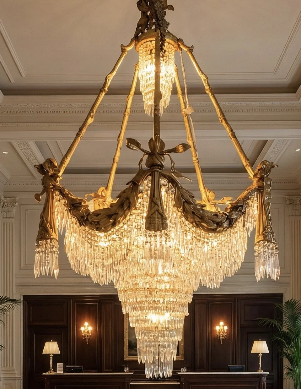 Very large chandelier with crystal shards and heavy brass frame