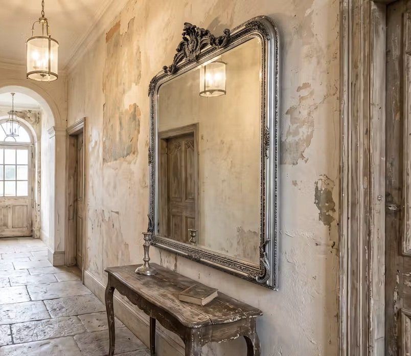 Large slightly distressed silver leaf mirror