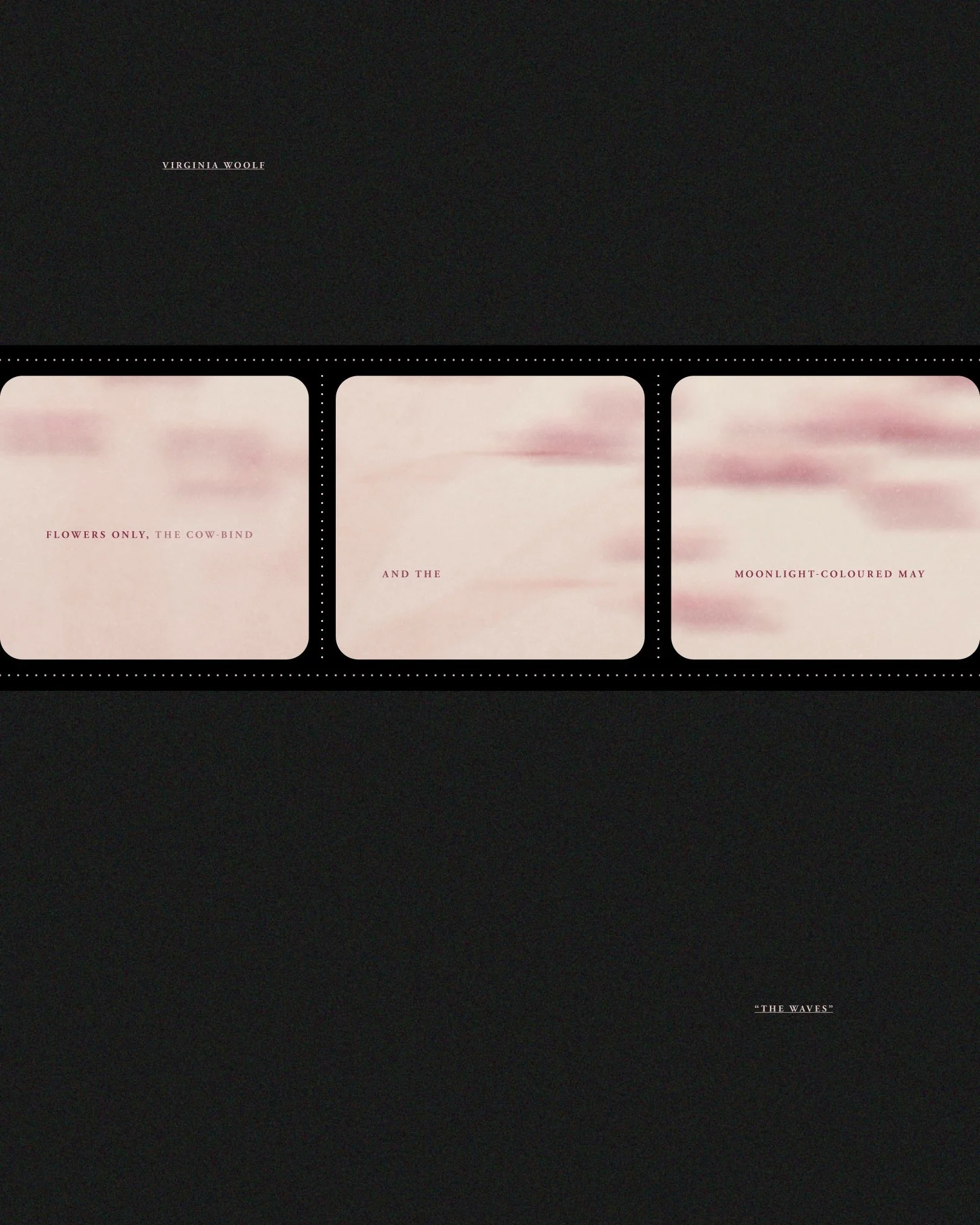 { 𝘧𝘭𝘰𝘸𝘦𝘳𝘴 𝘰𝘯𝘭𝘺, 𝘵𝘩𝘦 𝘤𝘰𝘸-𝘣𝘪𝘯𝘥 𝘢𝘯𝘥 𝘵𝘩𝘦 𝘮𝘰𝘰𝘯𝘭𝘪𝘨𝘩𝘵-𝘤𝘰𝘭𝘰𝘶𝘳𝘦𝘥 𝘮𝘢𝘺 } { virginia woolf } ⊹˙₊