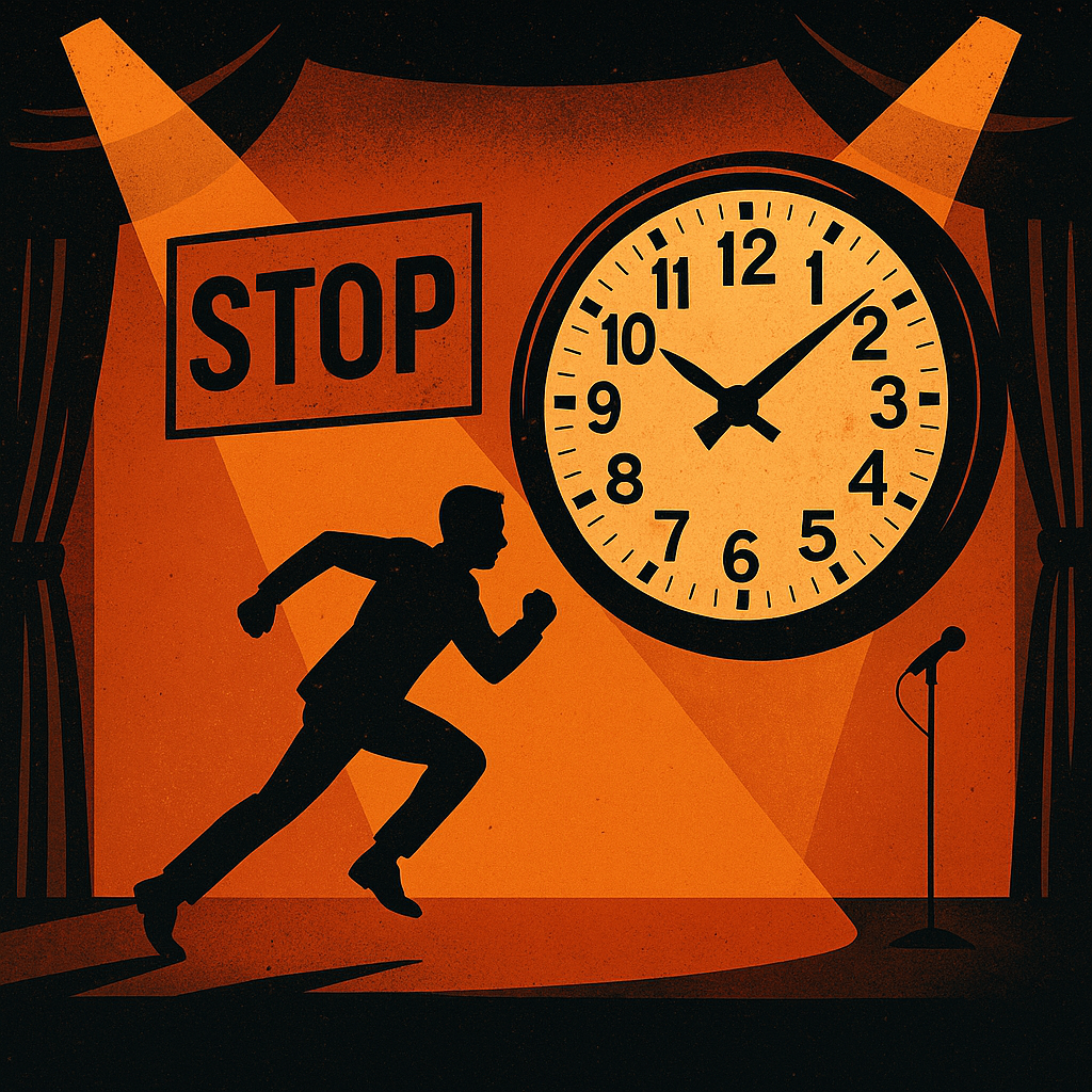 Illustration eines Keynote Speakers auf einer Bühne im Wettlauf gegen die Zeit mit großem Uhr-Zifferblatt, Spotlight und Stop-Schild – Symbolbild für Zeitdruck und Bühnenstress.