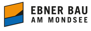 Logo von Ebner Bau am Mondsee, bestehend aus einem stilisierten Gebäude in orange, schwarz, und blau