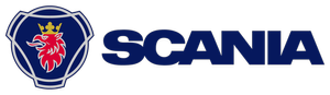 Das Logo von Scania mit einem Löwenkopf und dem Schriftzug 'SCANIA' in Blau.