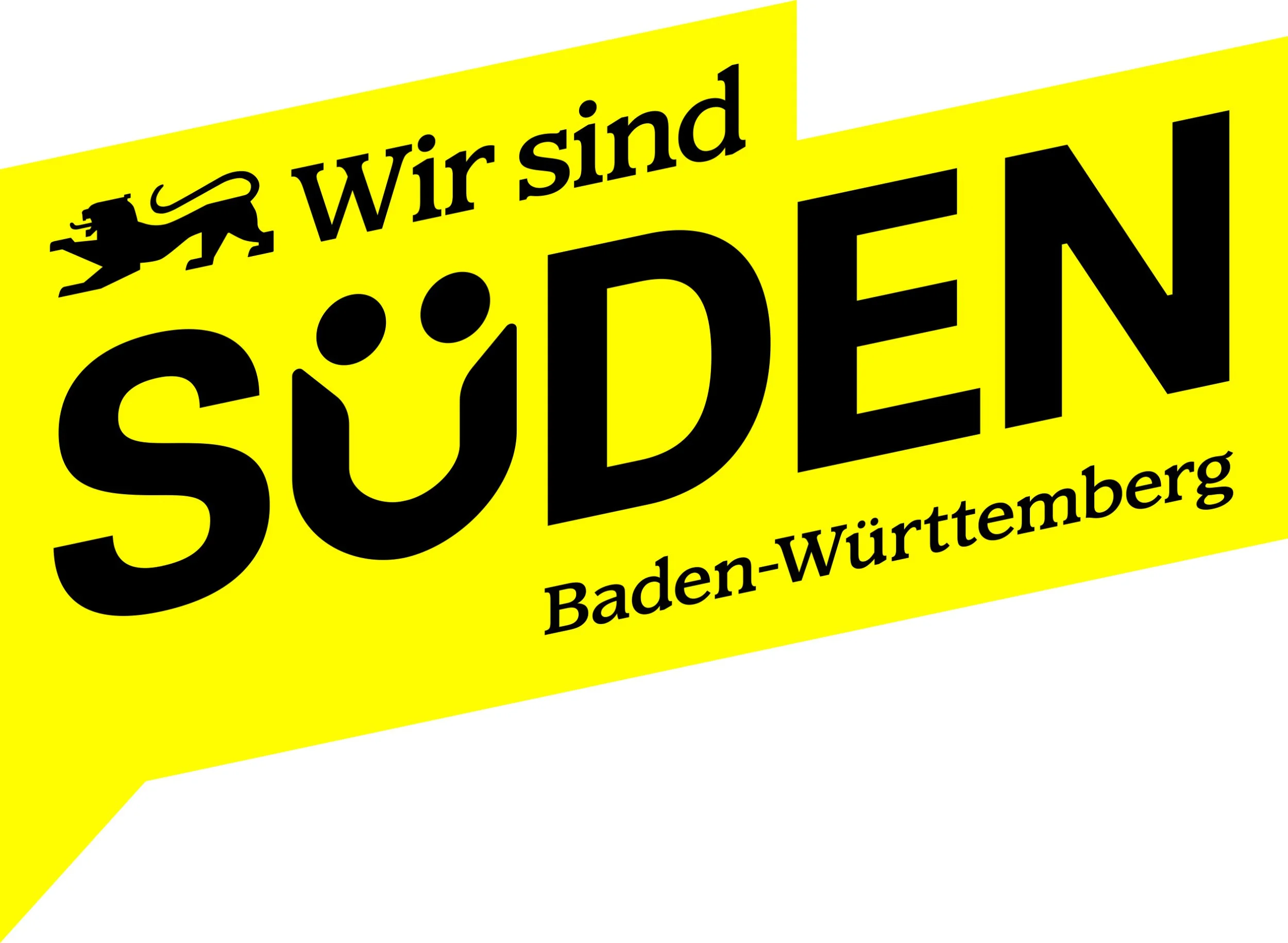 Ein gelbes Schild mit schwarzem Text, das lautet: 'Wir sind Süden Baden-Württemberg' mit einem schwarzen Löwen-Logo.