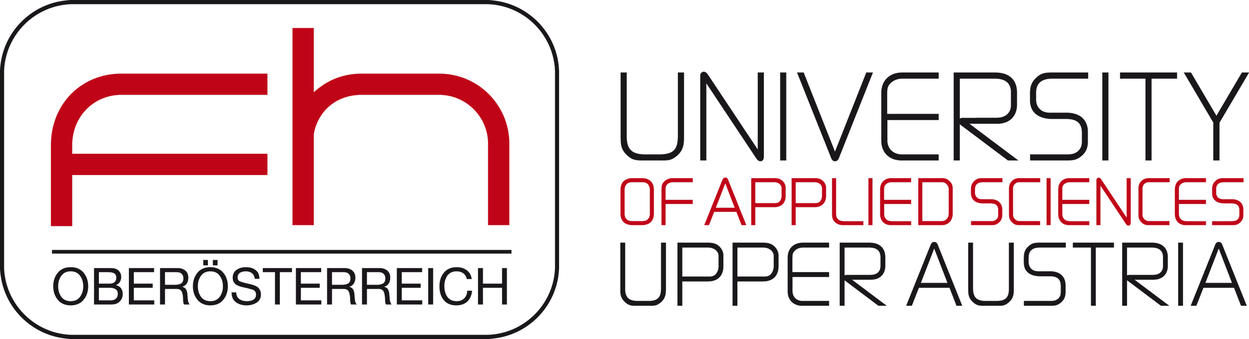 Logo der Universität für Angewandte Wissenschaften Oberösterreich mit schwarzem Hintergrund, rote und schwarze Schrift. Text: 'FH Oberösterreich' und 'University of Applied Sciences Upper Austria'.