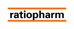 Logo des Unternehmens Ratiopharm mit schwarzem Schriftzug auf weißem Hintergrund und orange Linien darüber und darunter.