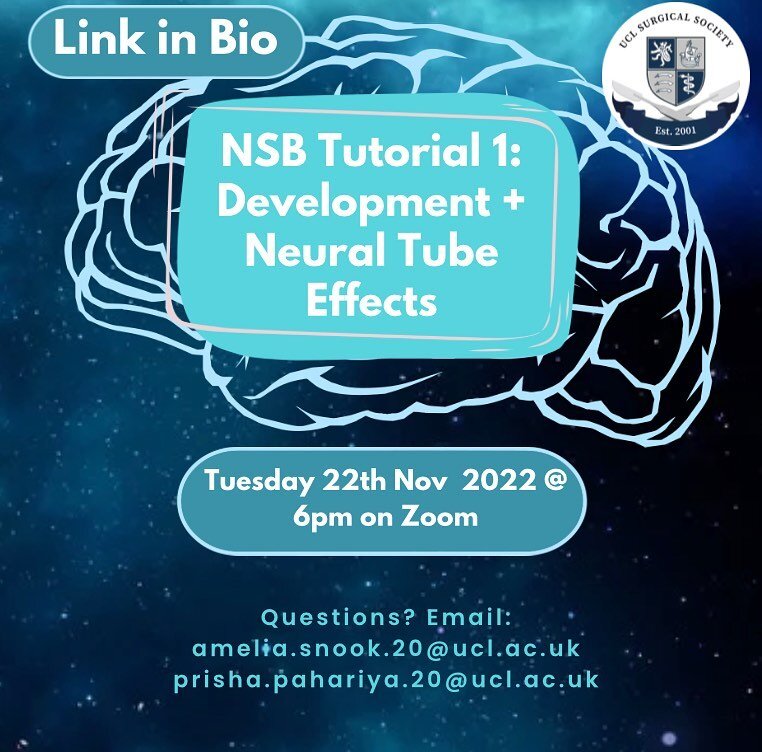Calling all Year 2 students! Join us on 22nd November at 6pm for our first SurgSoc NSB tutorial. In this session we will go through development and neural tube defects including cases and practice SBAs. This will be an excellent opportunity to revise