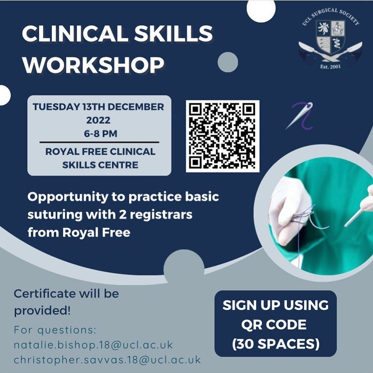 Sign up to our first clinical skills session of the year! This introduction to surgical skills will teach you the basics and allow you to practice your suturing on skin pads. It will take place in the Royal Free Clinical Skills Centre, from 6-8pm on 