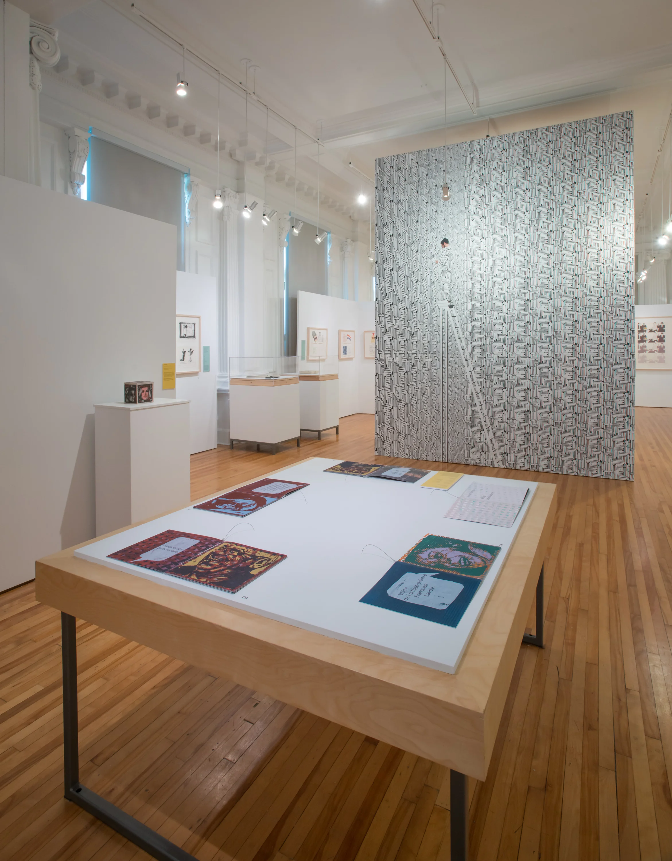 De gauche à droite : La timidité vaincue (Julie Doucet, 2016), Esquisses Graff (collectif, 1986), La forteresse (Guillaume Brisson Darveau, 2016) et au centre Relire (Thomas Corriveau, 2016). Crédit photo : BAnQ