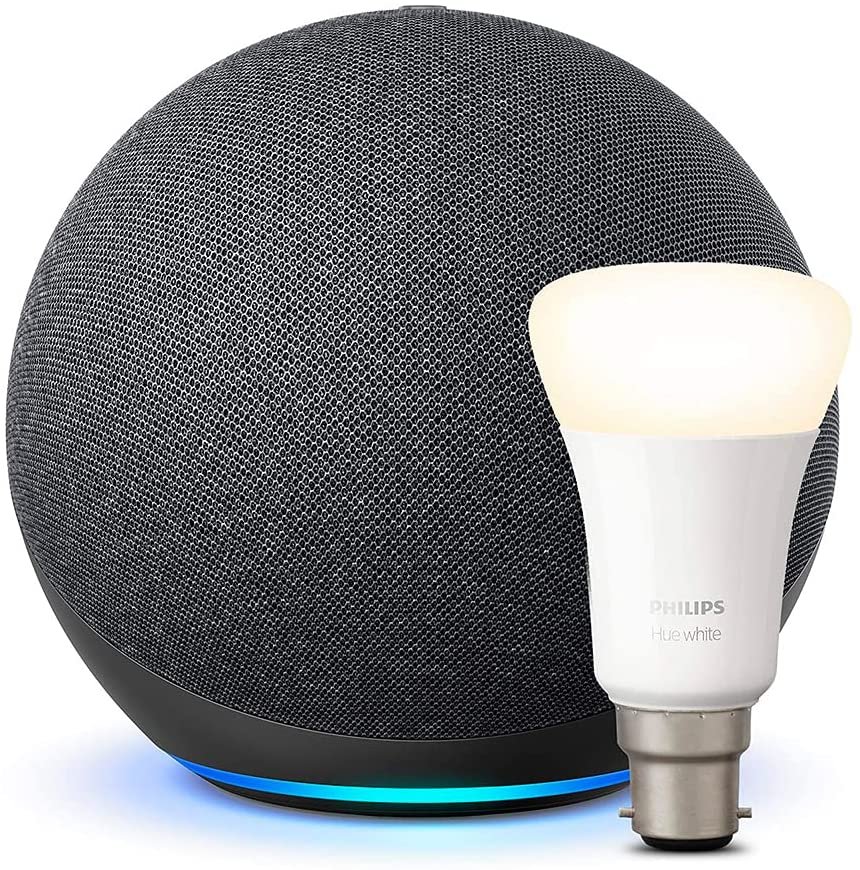 Echo (4th generation) | With premium sound | Charcoal + Philips Hue White Smart Bulb