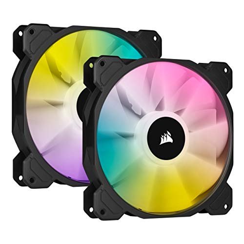 Corsair iCUE SP140 RGB ELITE Performance 140 mm PWM Dual Fan Kit with iCUE Lighting Node CORE (CORSAIR AirGuide Technology, Eight Addressable RGB LEDs, Low-Noise 18 dBA, Up to 1,200 RPM) Black