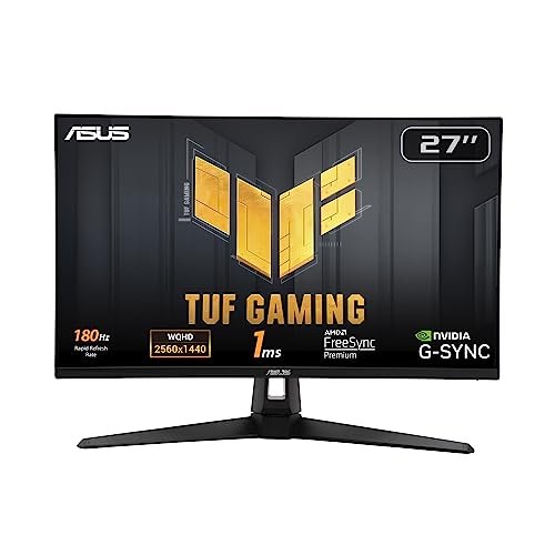 ASUAA ASUS TUF Gaming 27'' 1440P HDR Monitor (VG27AQ3A) - QHD (2560x1440), 180Hz, 1ms, Fast IPS, 130% sRGB, Extreme Low Motion Blur Sync, Freesync Premium, G-SYNC Compatible, HDMI, DisplayPort, BLACK