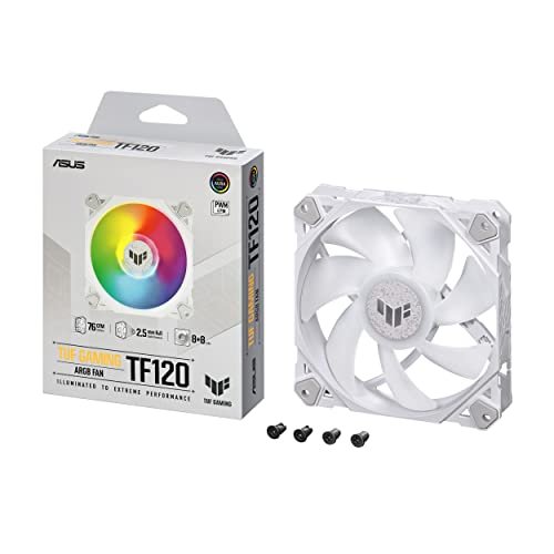 ASUS TUF Gaming TF120 ARGB White Edition Chassis Fan 3-Pin Customizable LEDs Blade, Advanced Fluid Dynamic Bearing