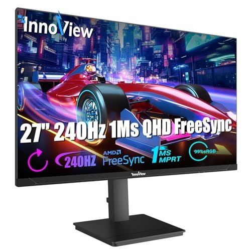 InnoView 27 Inch 240Hz QHD 1440p 1ms Gaming Monitor Height Adjustable 99% sRGB FreeSync HDR10 Eyes Care Computer PC Gamer Monitor with 3W*2 Speakers Built in DP HDMI for Game