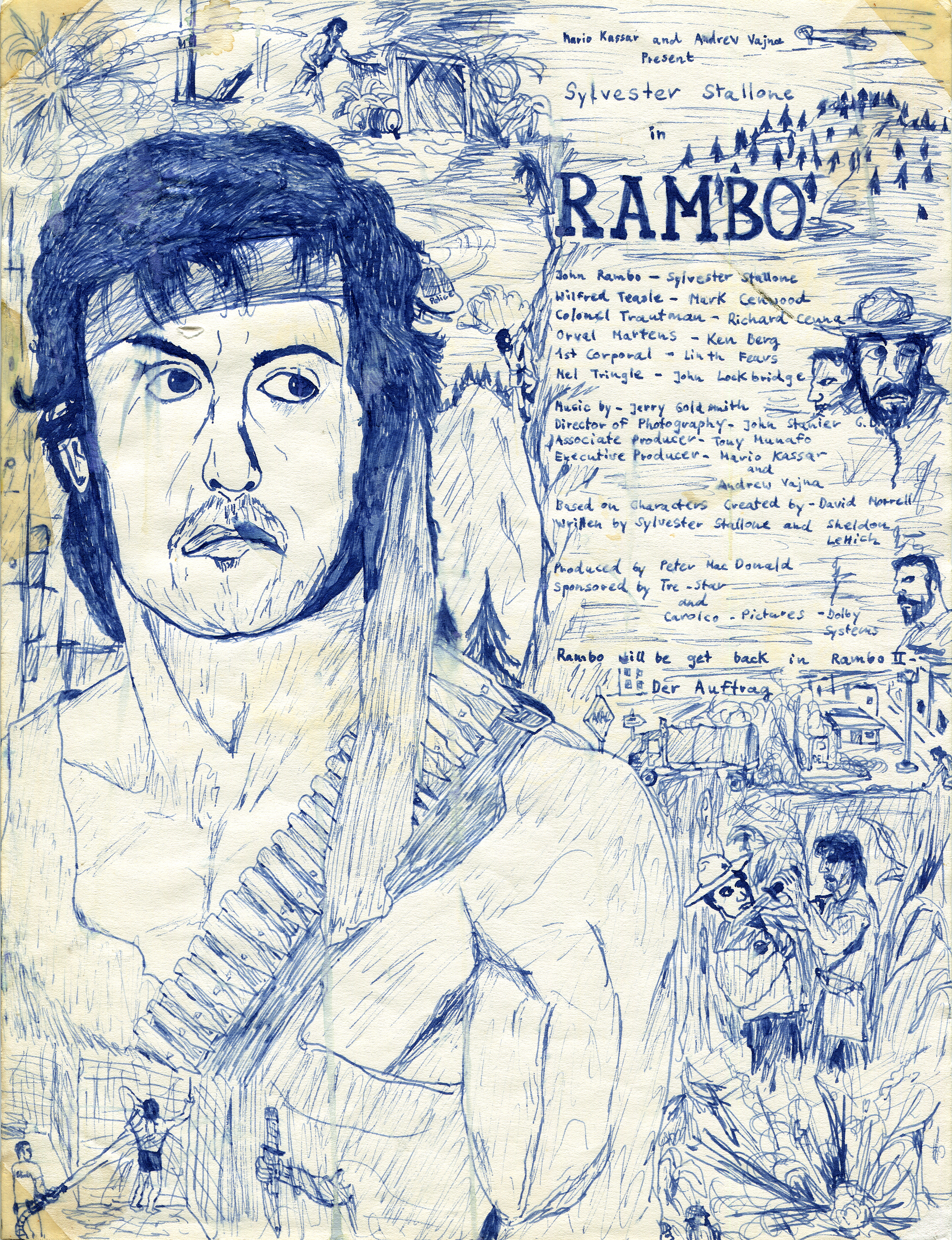   Ralf Ziervogel, "Rambo II" (Ausschnitt), 1987 (12 Jahre), blaue Füllertinte auf Papier, 27.5 x 21cm. Courtesy Ralf Ziervogel. Copyright VG Bild-Kunst, Bonn.  