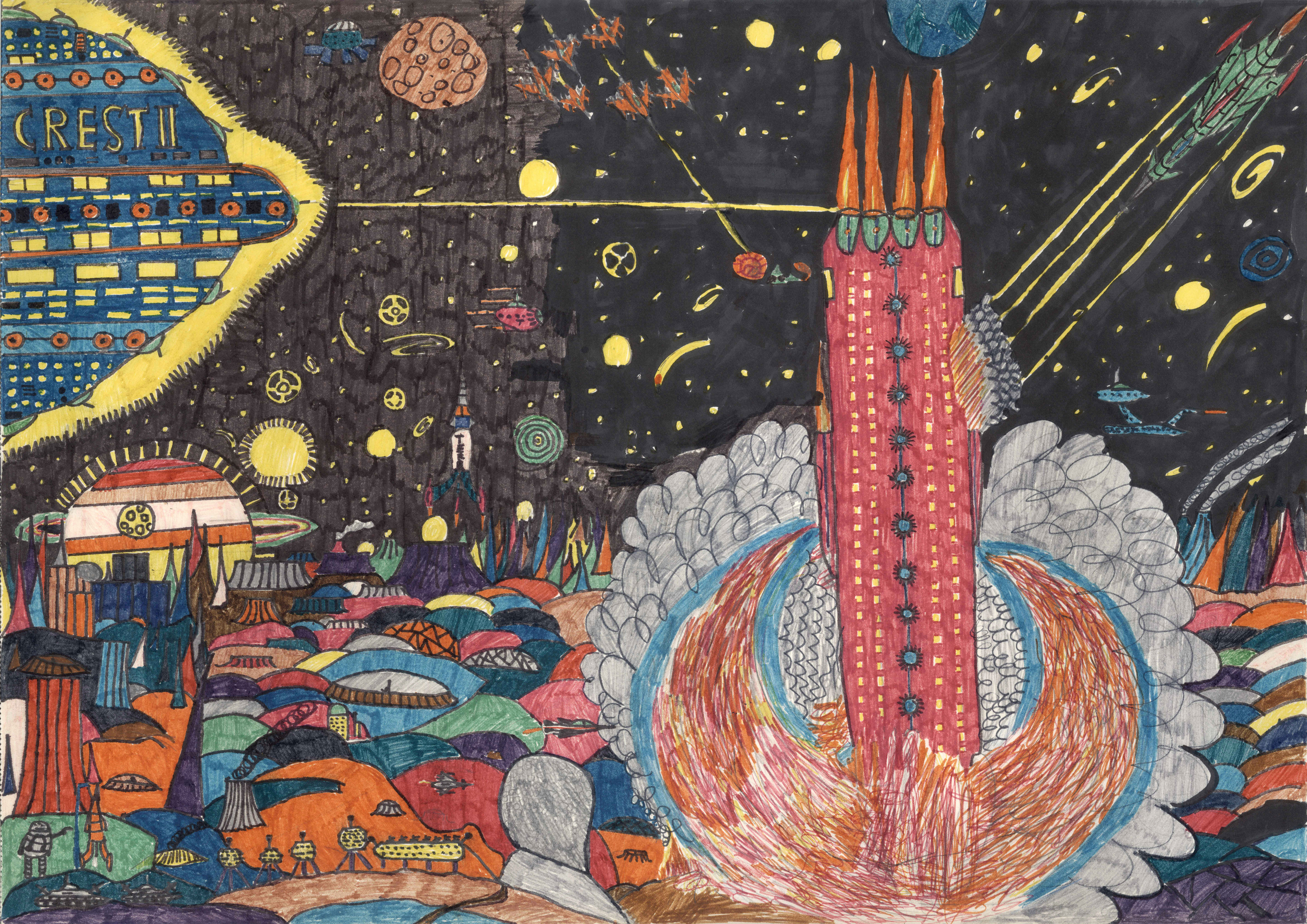   Michael Kunze, "Perry Rhodan Weltraumkampf", 1972 (11 Jahre), Wachsmalkreide auf Papier, 29.5 x 39.5cm. Courtesy Michael Kunze.  