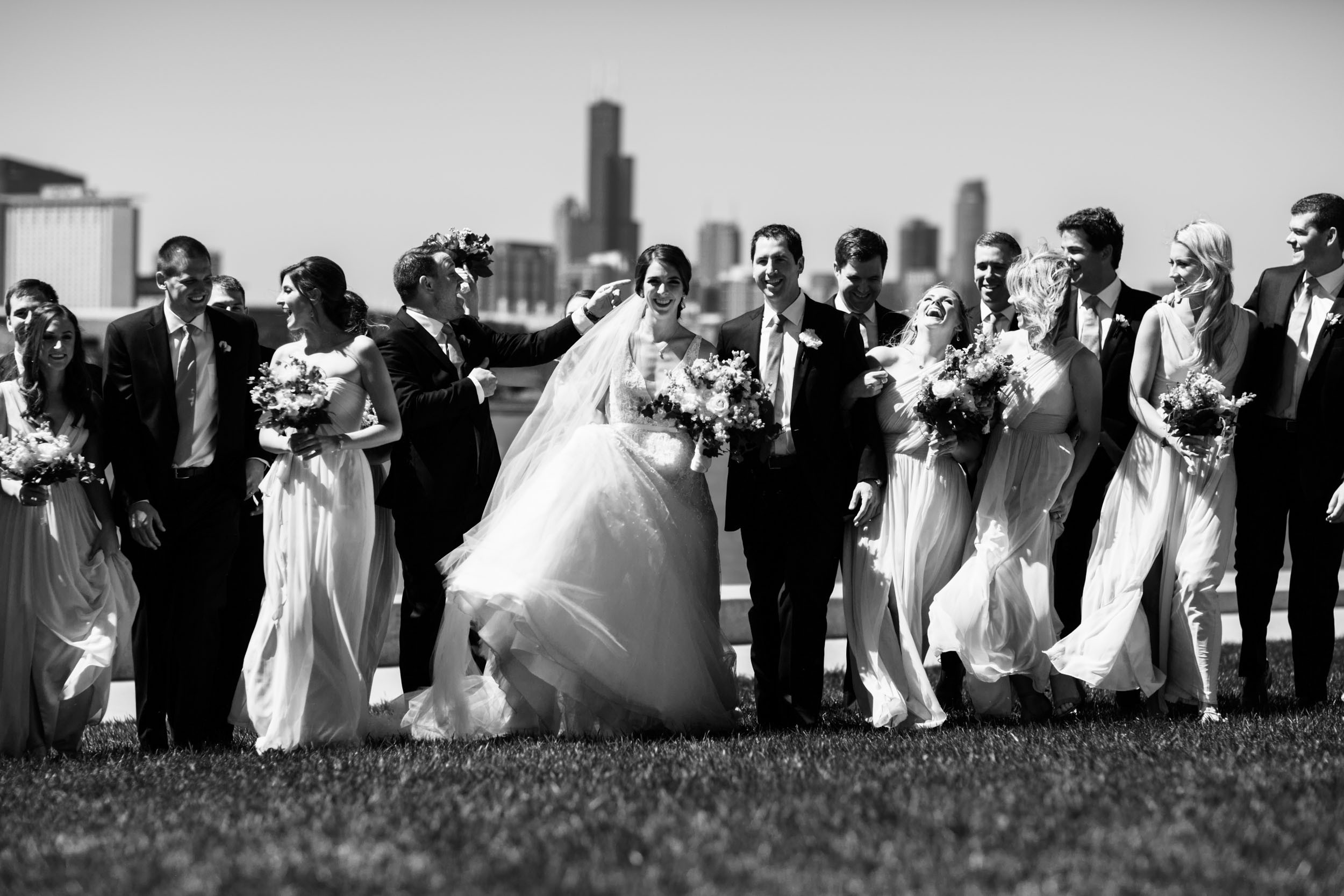 Wedding party with the Chicago skyline in the background.