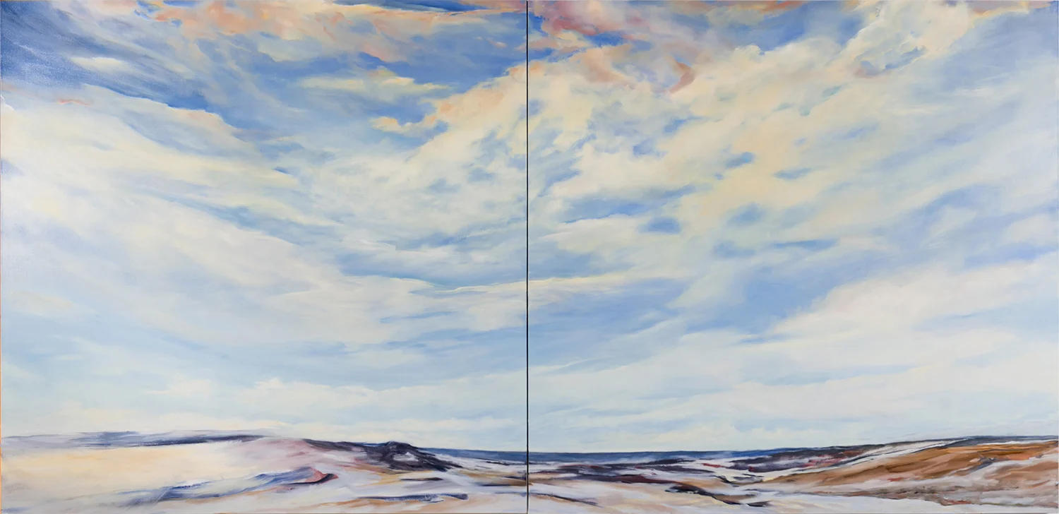 This is the version that appears on this website in the Winter Gallery. Below is how I've reworked it today. I painted out the hard edged horizon line and am reworking the lower left corner. More to do!