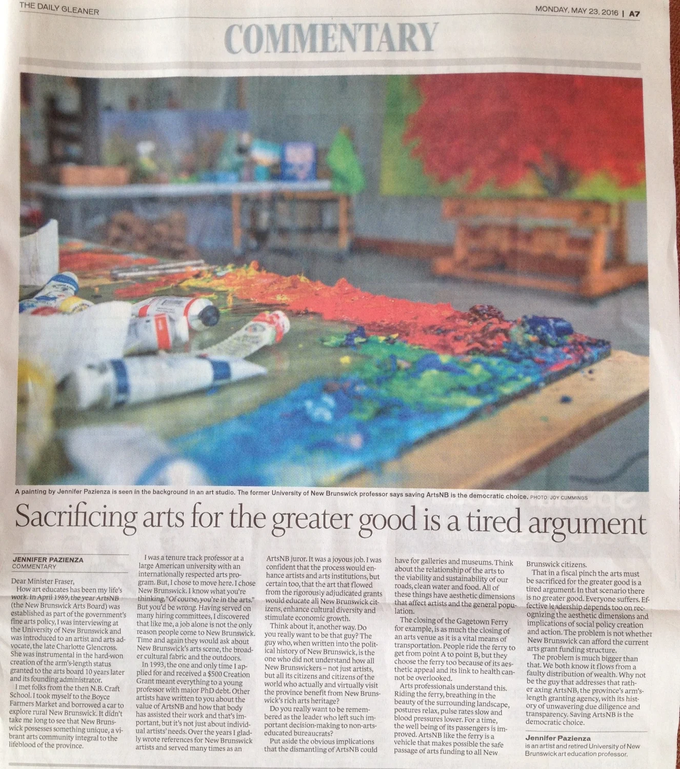 The Daily Gleaner , editorial supporting ArtsNB, 2016