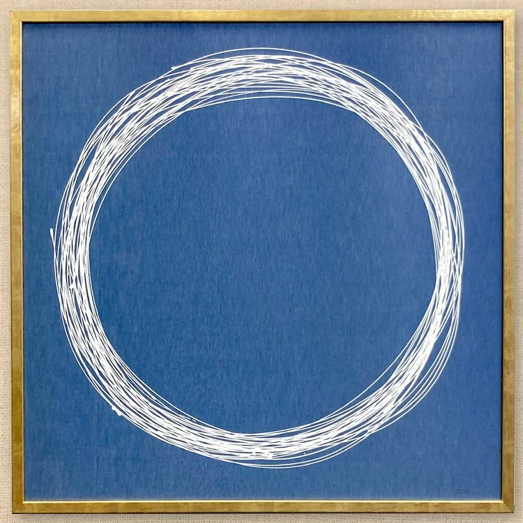 WHITE CIRCLE ON BLUE SILK 33.5X33.5