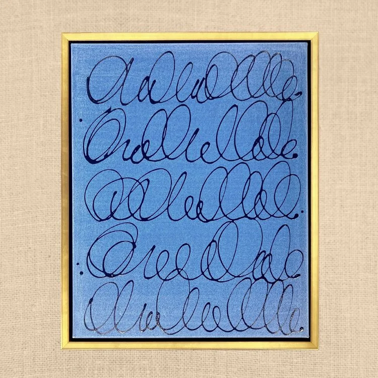 STORY IN NAVY ON BLUE 26X32