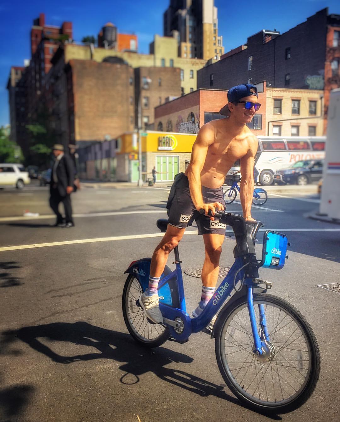 All things yes is a shirtless Mantas SOULcycle-styling on le CitiBike