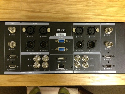 Rear view showing the SDI and HDMI connectors plus the XLR balanced audio connectors. You can selectively record HDMI or SDI sources and output both at the same time with each recorder. You have duplicate input-output connectors because the Shogun Studio combines two recorders and playback devices into one 3U rackmount unit. And yes, those are my feet at the bottom of the image. Not pictured are the two power supplies.