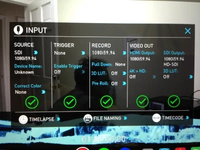 Input screen, with the ability to select HDMI or SDI video sources. The resolution and frame-rates for both input and output are available. Pre-roll recording is possible, along with triggering the unit to start and stop recording.