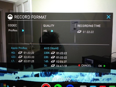 The Shogun Studio records Apple ProRes or Avid DNxHD files. Different compression rates are available per codec, with the resulting amount of storage time displayed given the size of the SSD or HD being used. 4K DCI Raw (4096 by 2160), 4K UHD (3840 by 2160), and HD (1920 by 1080 and 1920 by 720) record and playback modes are available in both Apple ProRes and Avid DNxHD formats. Click here and go to page 22 for the details.