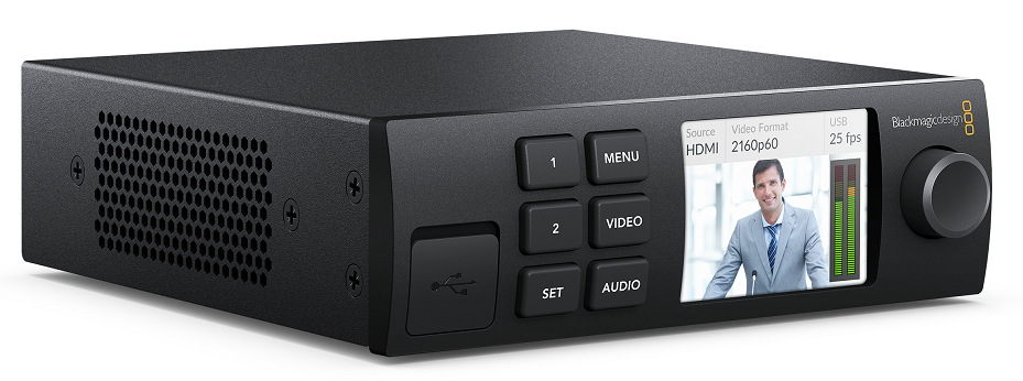 Blackmagic Web Presenter shown with optional Teranex Front Panel for two-input live video switching