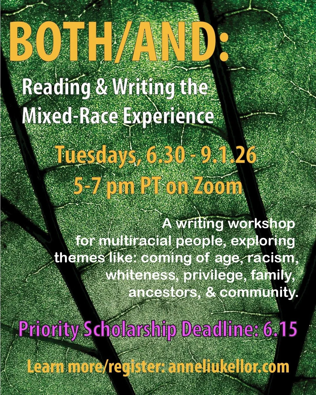Scholarship applications are due by the end of the day on Monday, 6.15! These offer deep discounts, from 50-90% off the workshop tuition, and are funded by generous donations from my community. Just fill out a short Google form from my website to app
