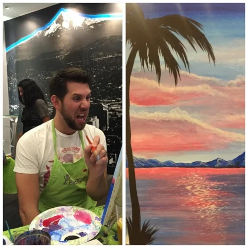 Left: Troy's painting face, he is very serious about his work Right: A partial glimpse of his Bob Ross-esque picture