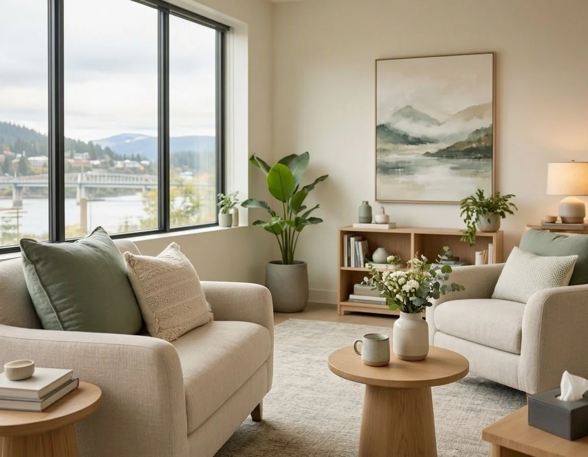 Calm, bright counselling room with a sofa and window in New Westminster