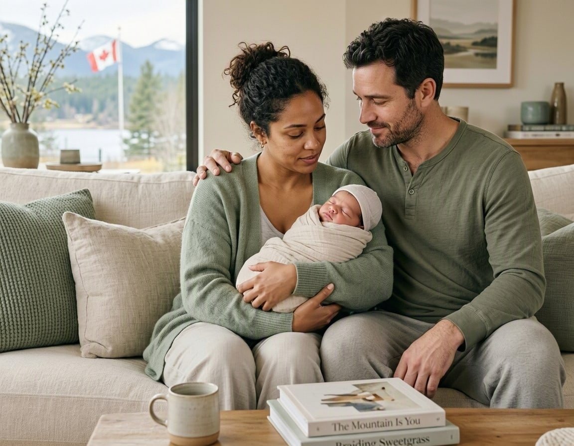 Parents holding their newborn baby on a sofa during perinatal counselling in New Westminster