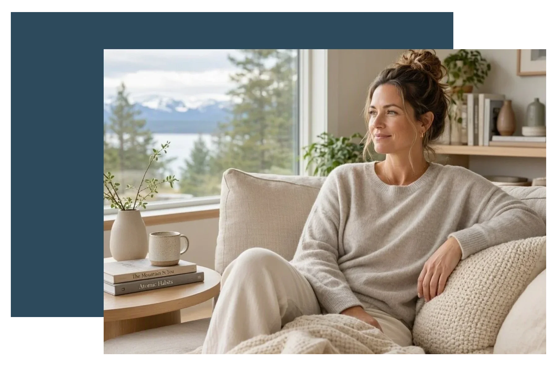 Woman relaxing on a sofa by a window while adjusting to change through life transitions counselling in New Westminster
