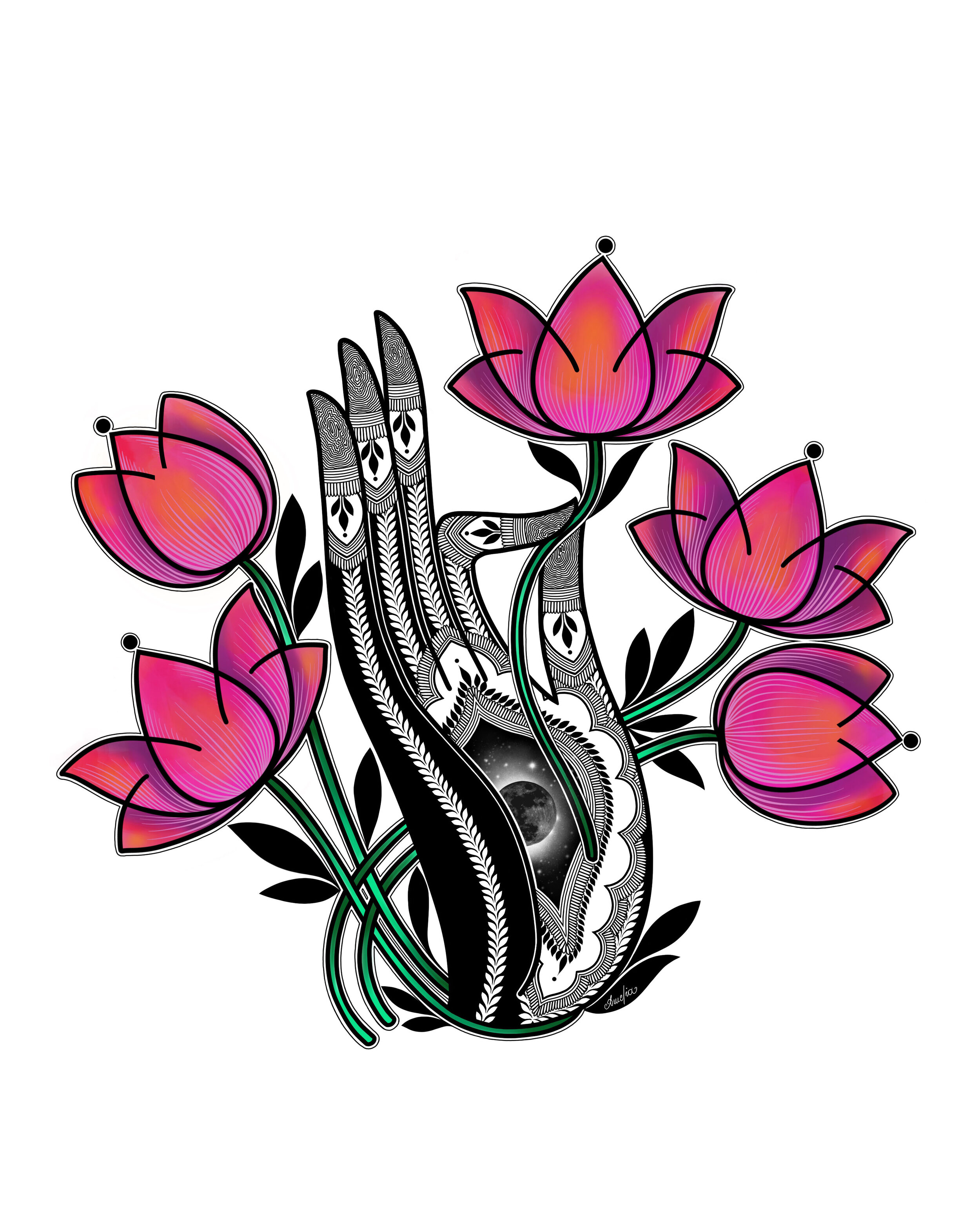 Hamsa Hand With Moon and Flowers