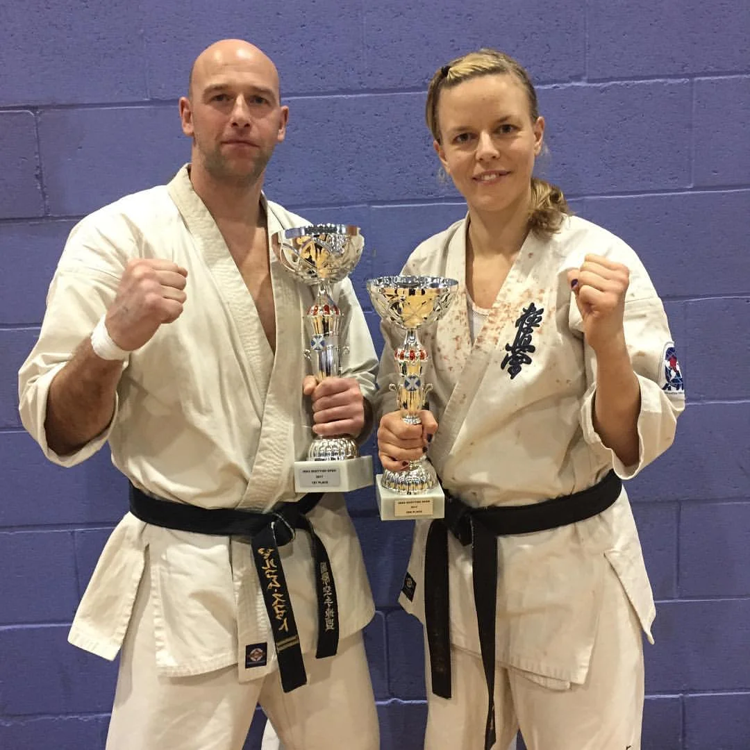 BKK Crawley fighters Malcolm Scott, 1st (Over 40s HW) and Kirsten Galatius-Smith, 3rd (Open HW)