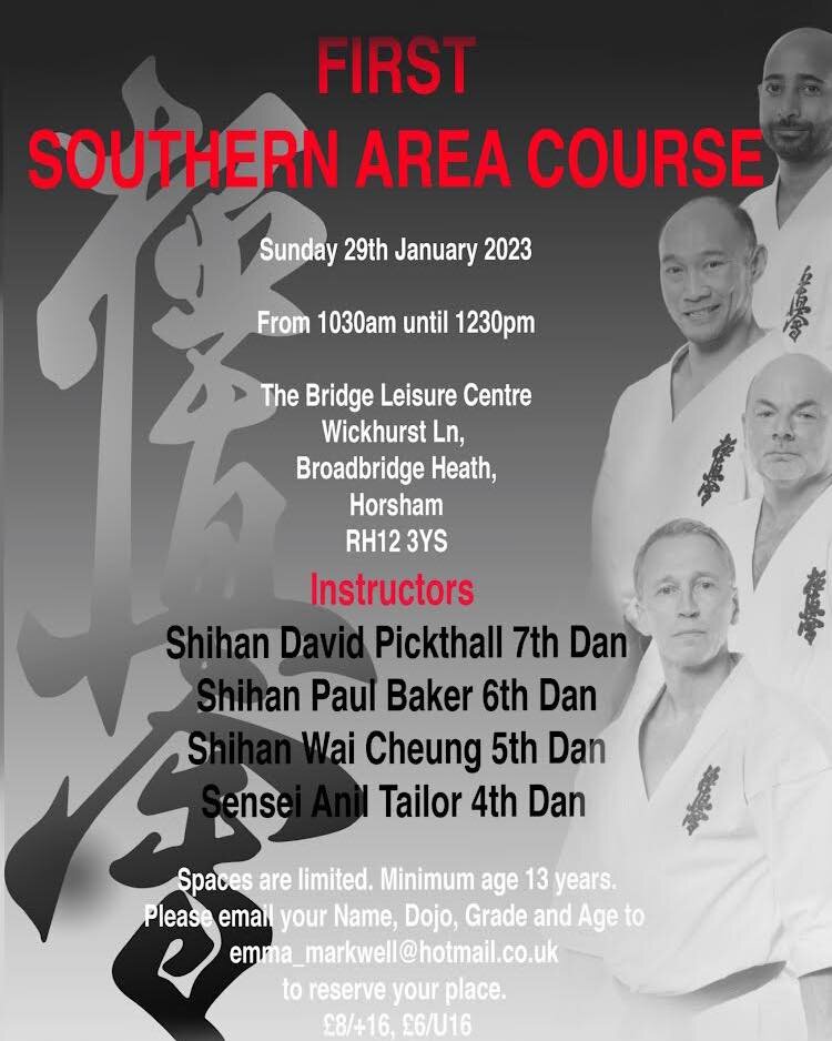 Southern Area Course - 29th January 2023, 1030am-1230pm.

We will be holding our first Southern Area Course focusing on all aspects of karate training.

Spaces are limited. Minimum age 13yrs.

#bkkkyokushinkai #ifkkyokushin #karate #strengthinunity