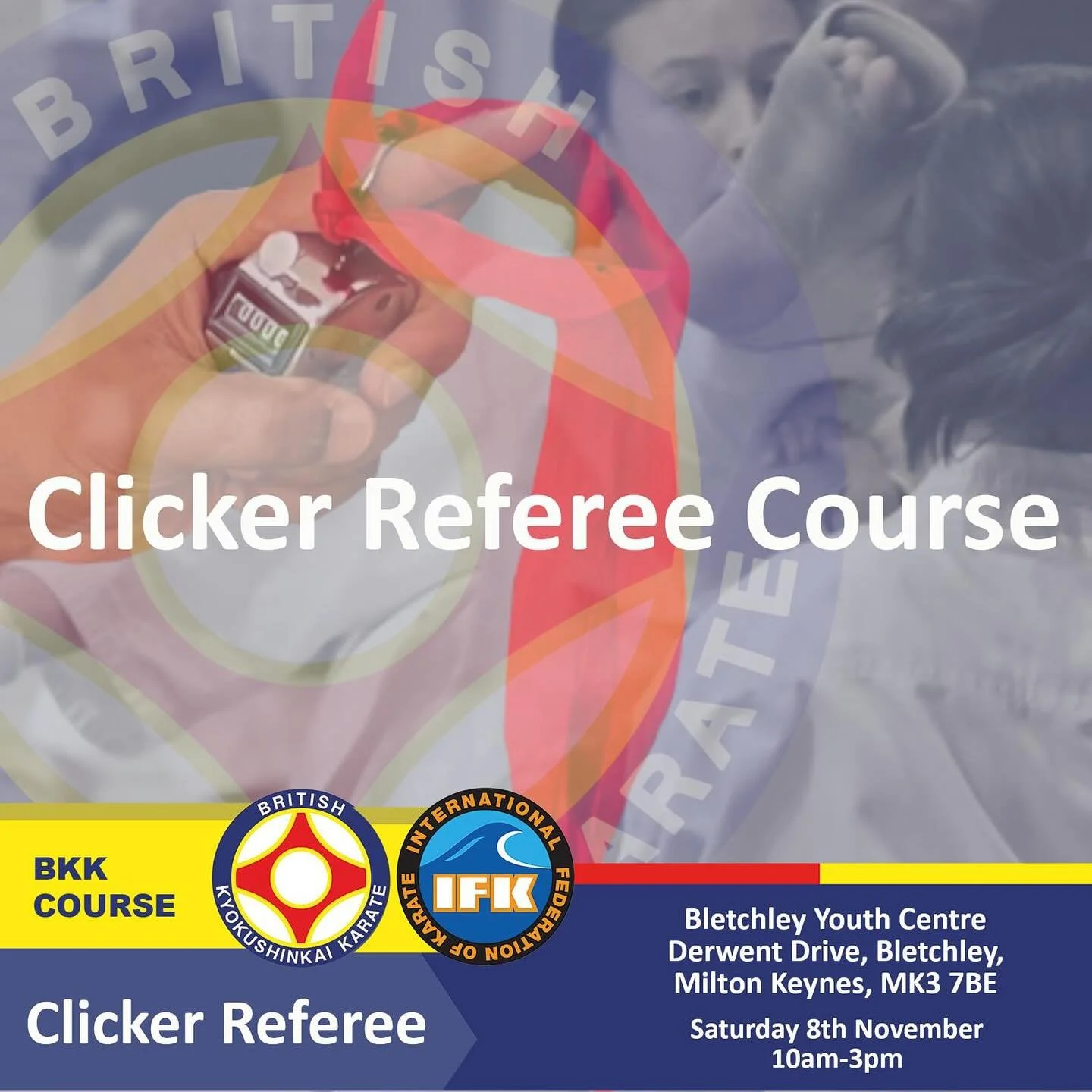Clicker referees course this Saturday 8th November.
Anyone participating in the course will be required to wear uniform &amp; also bring your Gi . 

The course will be covering Theory, Exam and Practical. 

This is in preparation for the forthcoming 