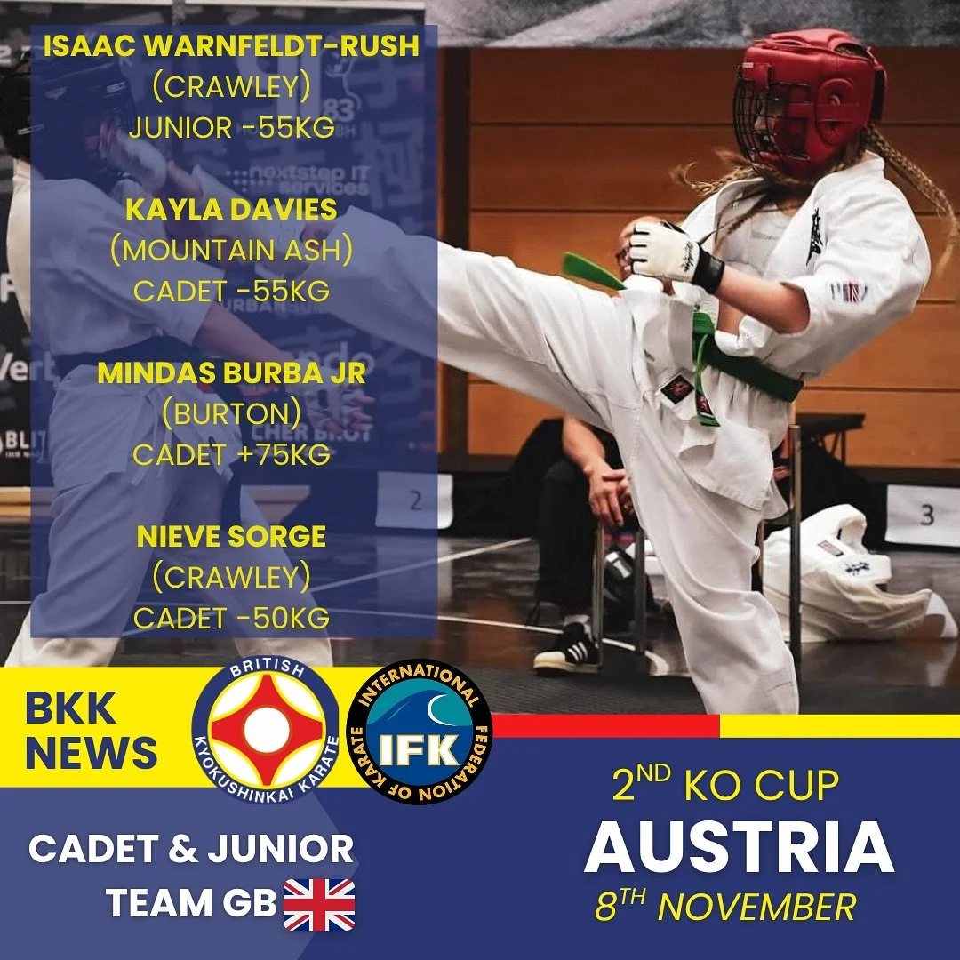 A Cadet &amp; Junior GB Team 🇬🇧 will be competing at IFK Austria&rsquo;s 2nd K.O.Cup this weekend in Vienna with the following fighters:

Isaac Warnfeldt-Rush
(Crawley)
Junior -55KG

Kayla Davies 
(Mountain Ash)
Cadet -55KG

Mindas Burba Jr
(Burton