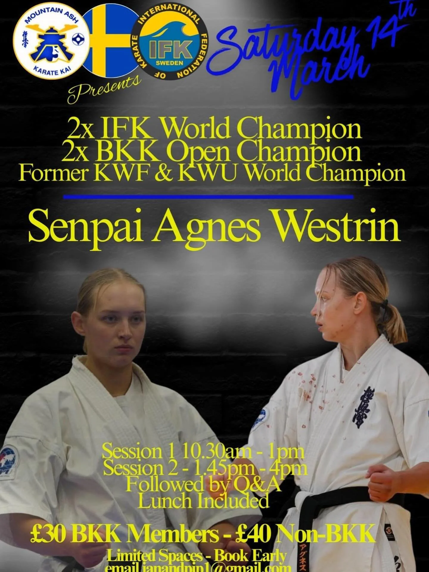 Agnes Westrin Seminar 
@mountain_ash_karate_kai dojo

Book now to avoid disappointment