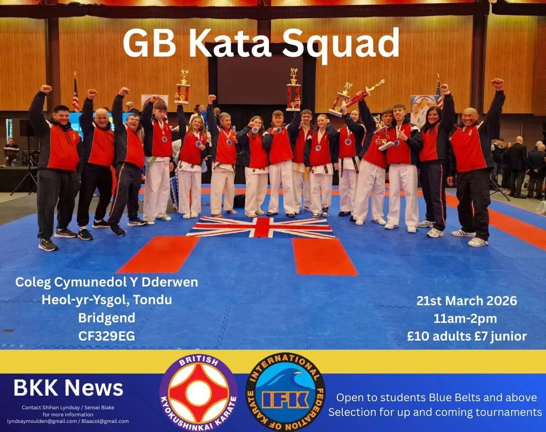 Please see the details of the next Kata Squad below. 

Date: 21st March, 11am-2pm

Location: Coleg Cymunedol Y Dderwen
Heol-yr-Ysgol, Tondu, Bridgend CF32 9EG

This is open to all students blue belt and above. We will be looking at selection for the 