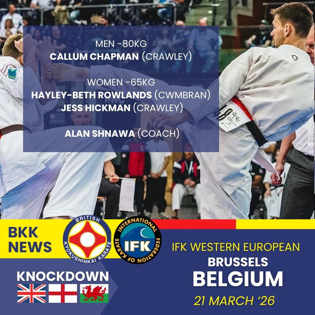 BKK fighters ready for Belgium 🇧🇪

Our fighters step onto the international stage this weekend at the IFK Western European Championships

Men -80kg 
Callum Chapman (Crawley)

Women -65kg 
Hayley-Beth Rowlands (Cwmbran) 
Jess Hickman (Crawley)

Coac