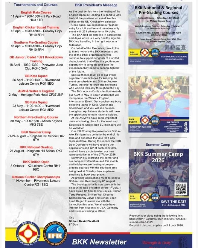 The short April 2026 edition of the BKK Newsletter. Please see the key upcoming dates on Page 1. 

#BKK #bkkkyokushinkai #kyokushin #ifkkyokushin #strengthinunity #karate