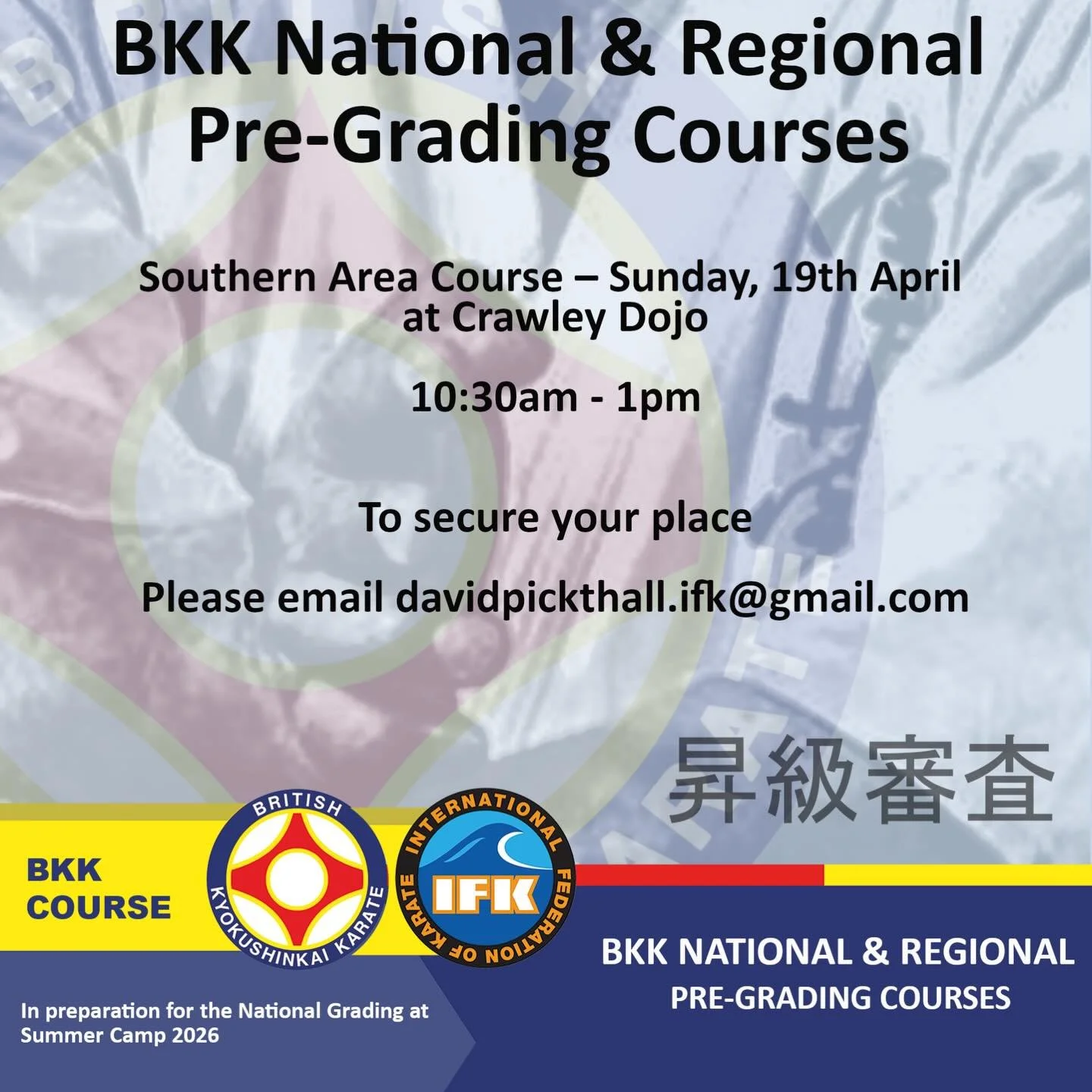 Southern Area Pre-Grading Course

19th April 10.30-1300

Crawley Dojo

Book you place now