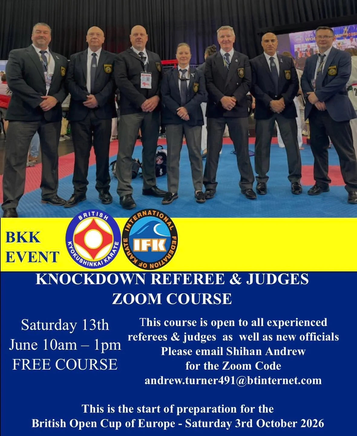 The next Knockdown Refereeing and Judging Course will be held on Saturday 13th June, 10:00 until 13:00. Please see more details on the poster.📍

#BKK #bkkkyokushinkai #kyokushin #ifkkyokushin #karate